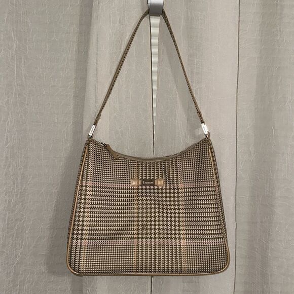 LRL Ivory Tan White Pink Gold Houndstooth Leather Silver Tone Hardware Hobo Bag - Picture 3 of 16